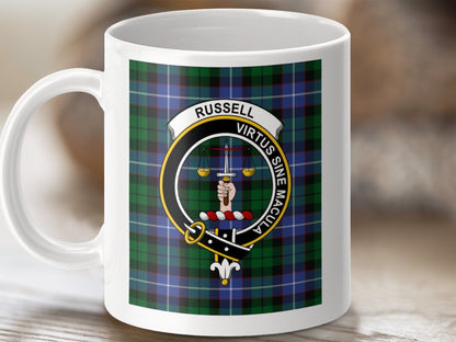 Physical Item 11oz / White Russell Clan Scottish Tartan Crest Mug