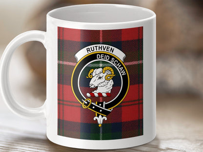 Physical Item 11oz / White Ruthven Clan Scottish Tartan Crest Mug