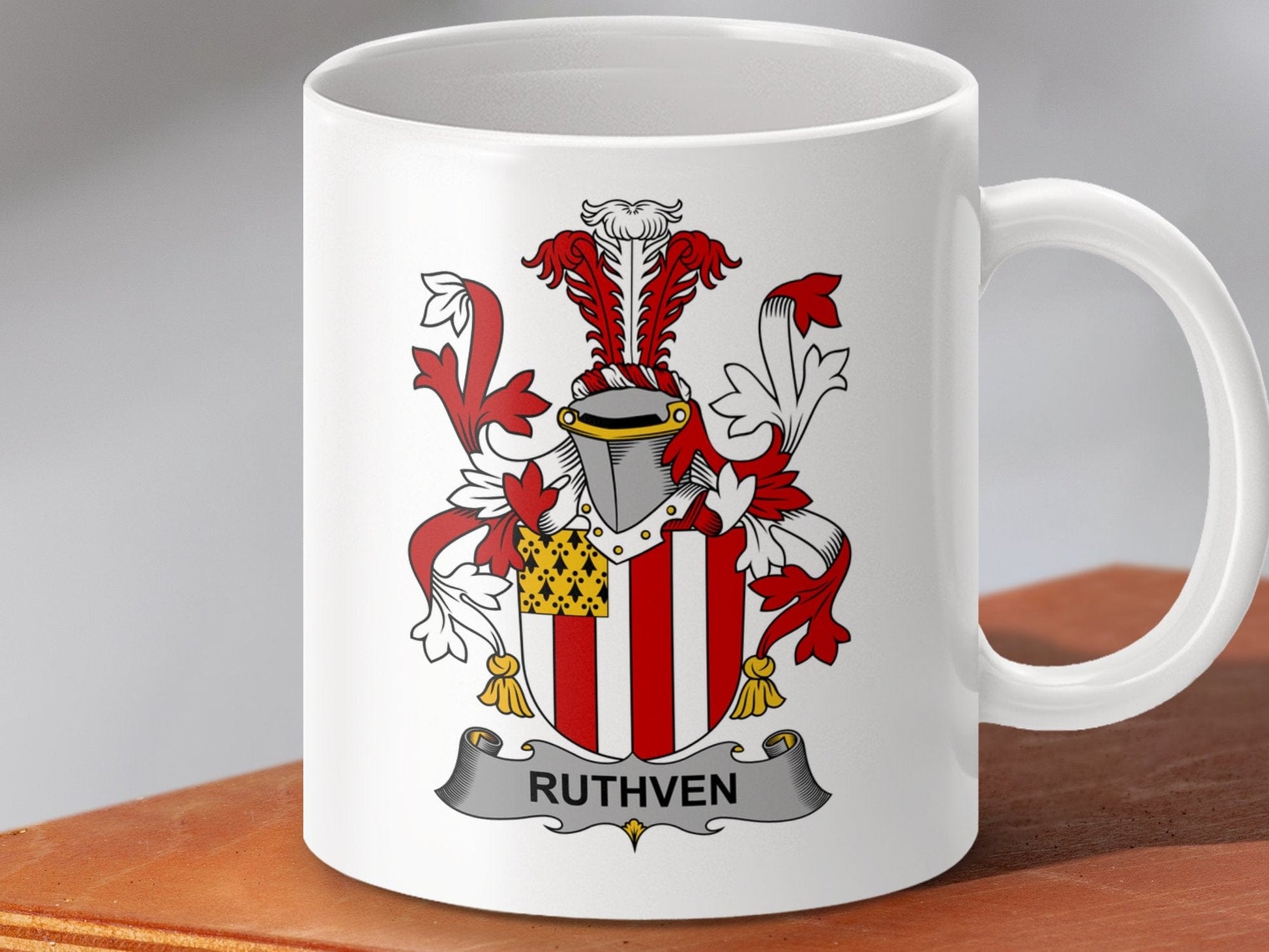 Physical Item 11oz / White Ruthven Surname Irish Heraldry Ceramic Mug