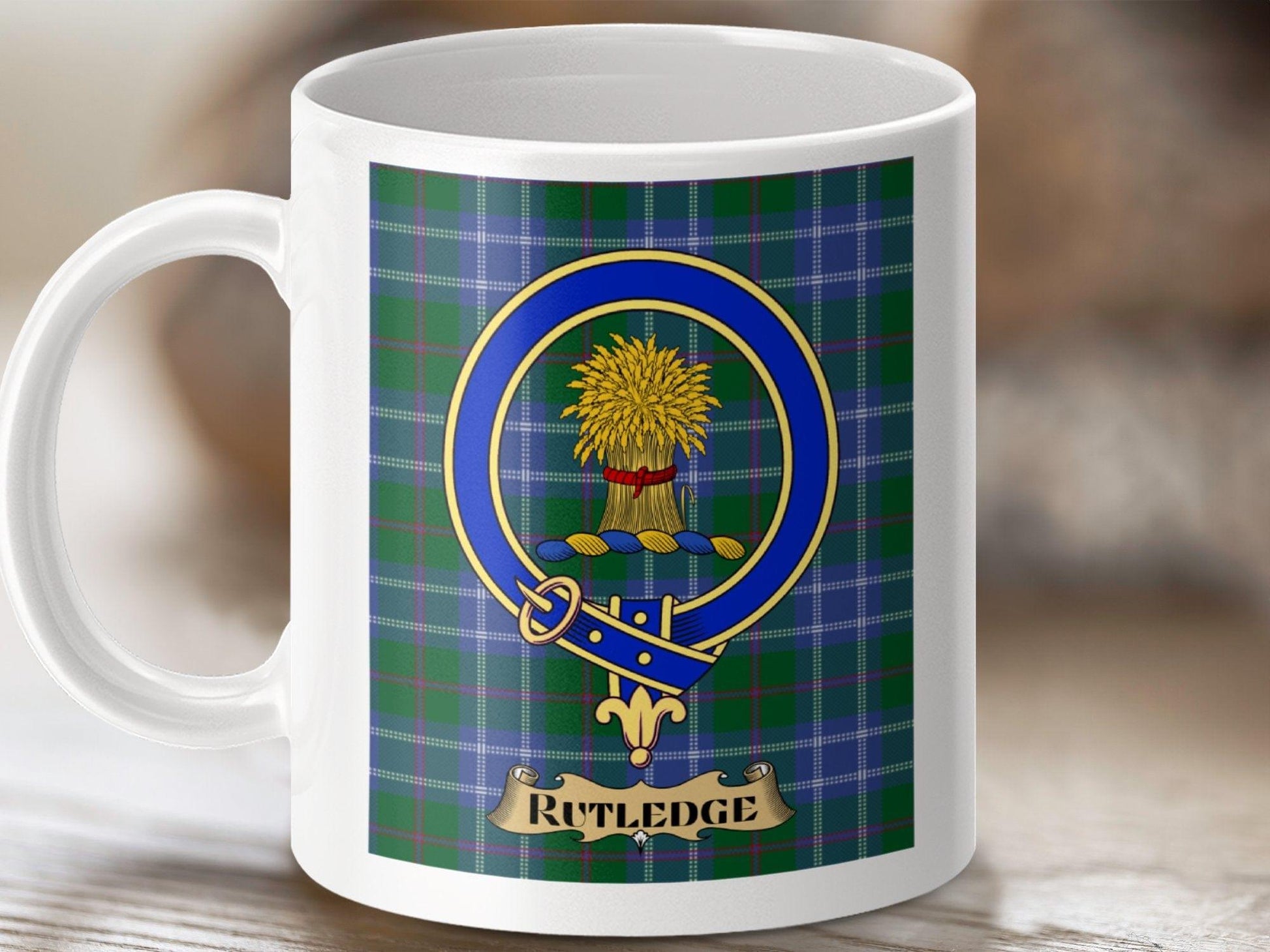 Physical Item 11oz / White Rutledge Clan Scottish Tartan Crest Mug