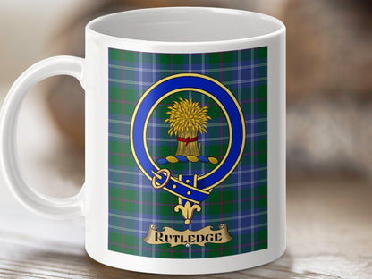 Physical Item 11oz / White Rutledge Clan Scottish Tartan Crest Mug