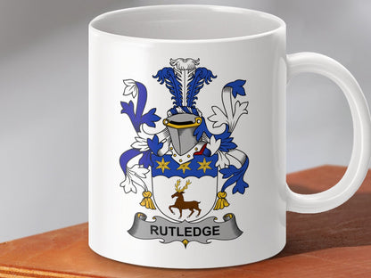 Physical Item 11oz / White Rutledge Surname Irish Heraldry Ceramic Mug