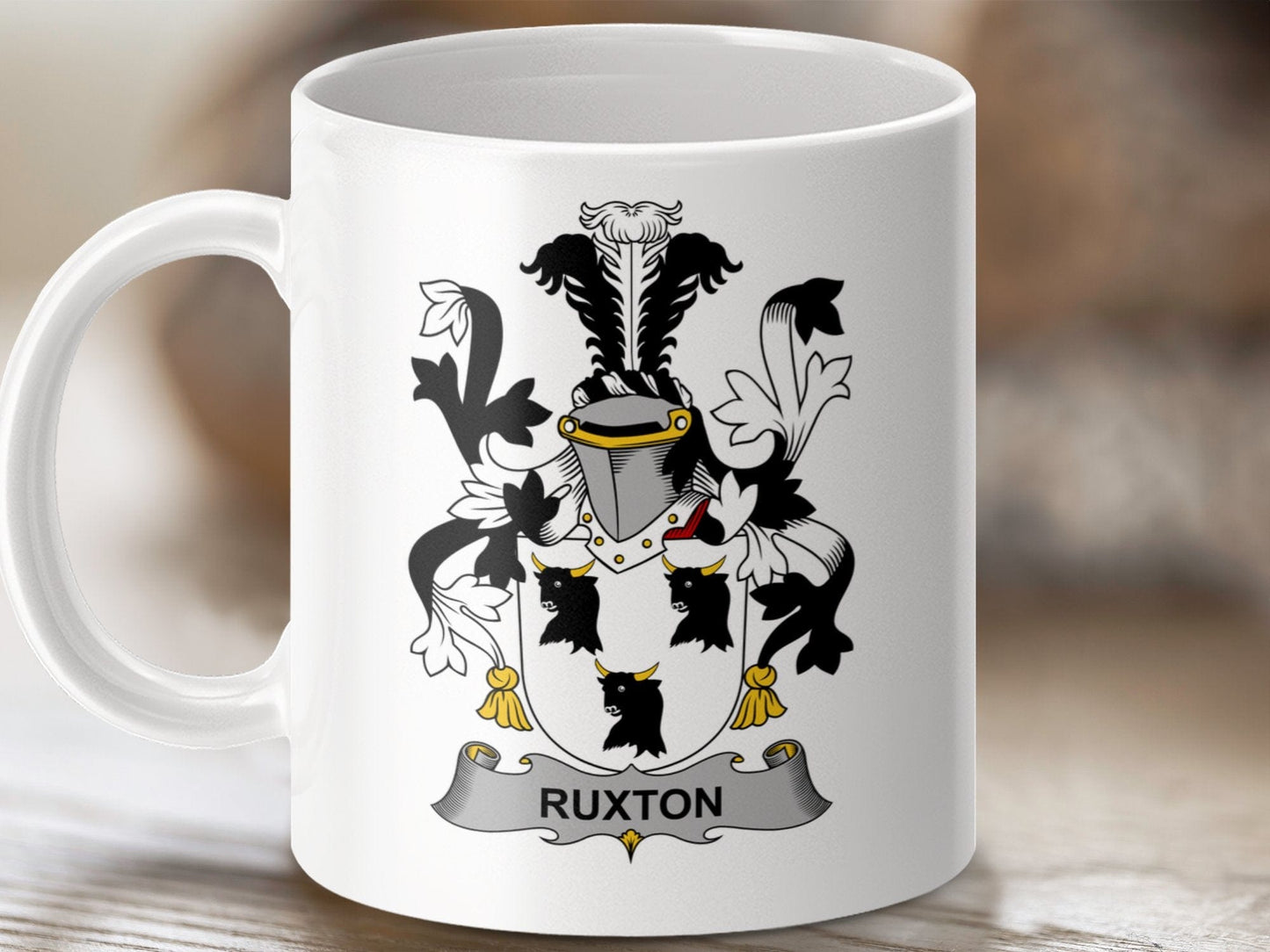 Physical Item 11oz / White Ruxton Surname Irish Heraldry Ceramic Mug