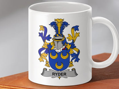 Physical Item 11oz / White Ryder Surname Irish Heraldry Emblem Ceramic Mug