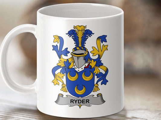 Physical Item 11oz / White Ryder Surname Irish Heraldry Emblem Ceramic Mug