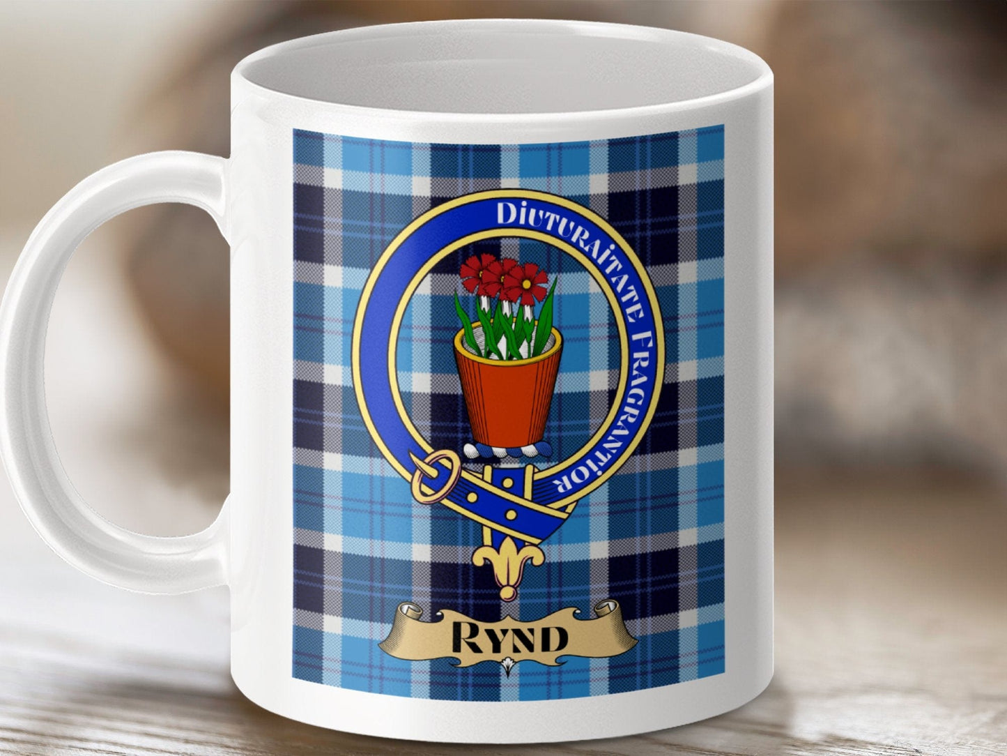 Physical Item 11oz / White Rynd Clan Scottish Tartan Crest Mug