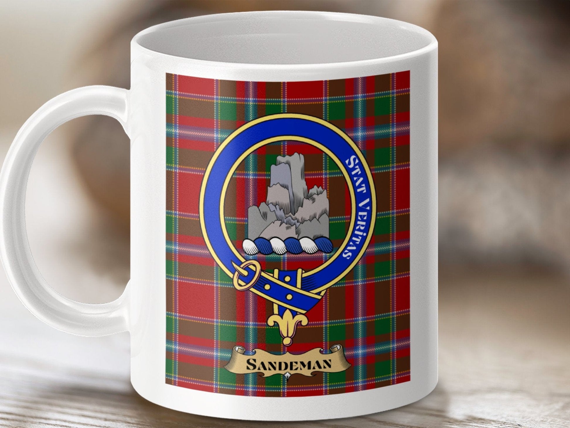 Physical Item 11oz / White Sandeman Clan Scottish Tartan Crest Mug