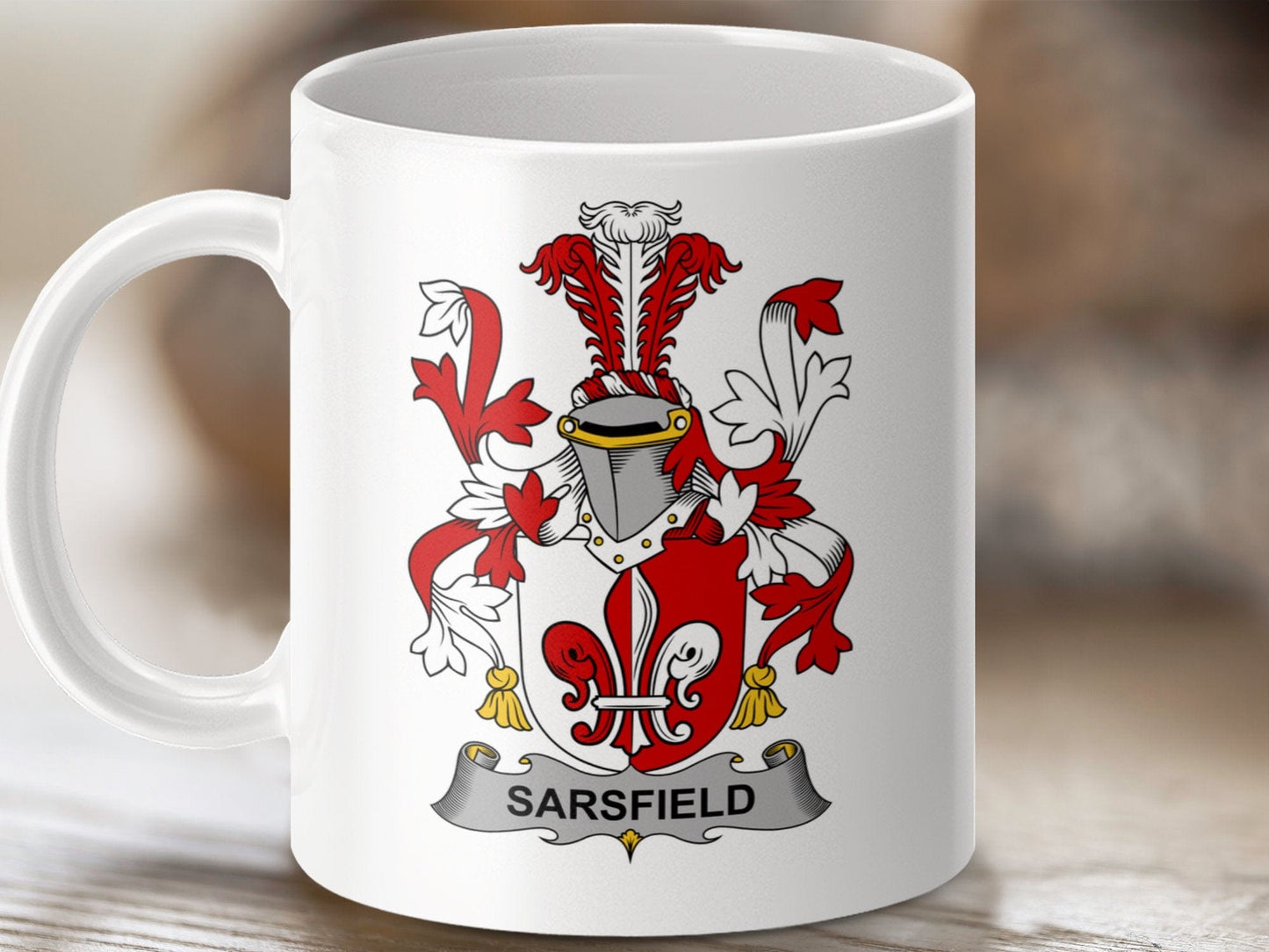 Physical Item 11oz / White Sarsfield Surname Irish Heraldry Ceramic Mug