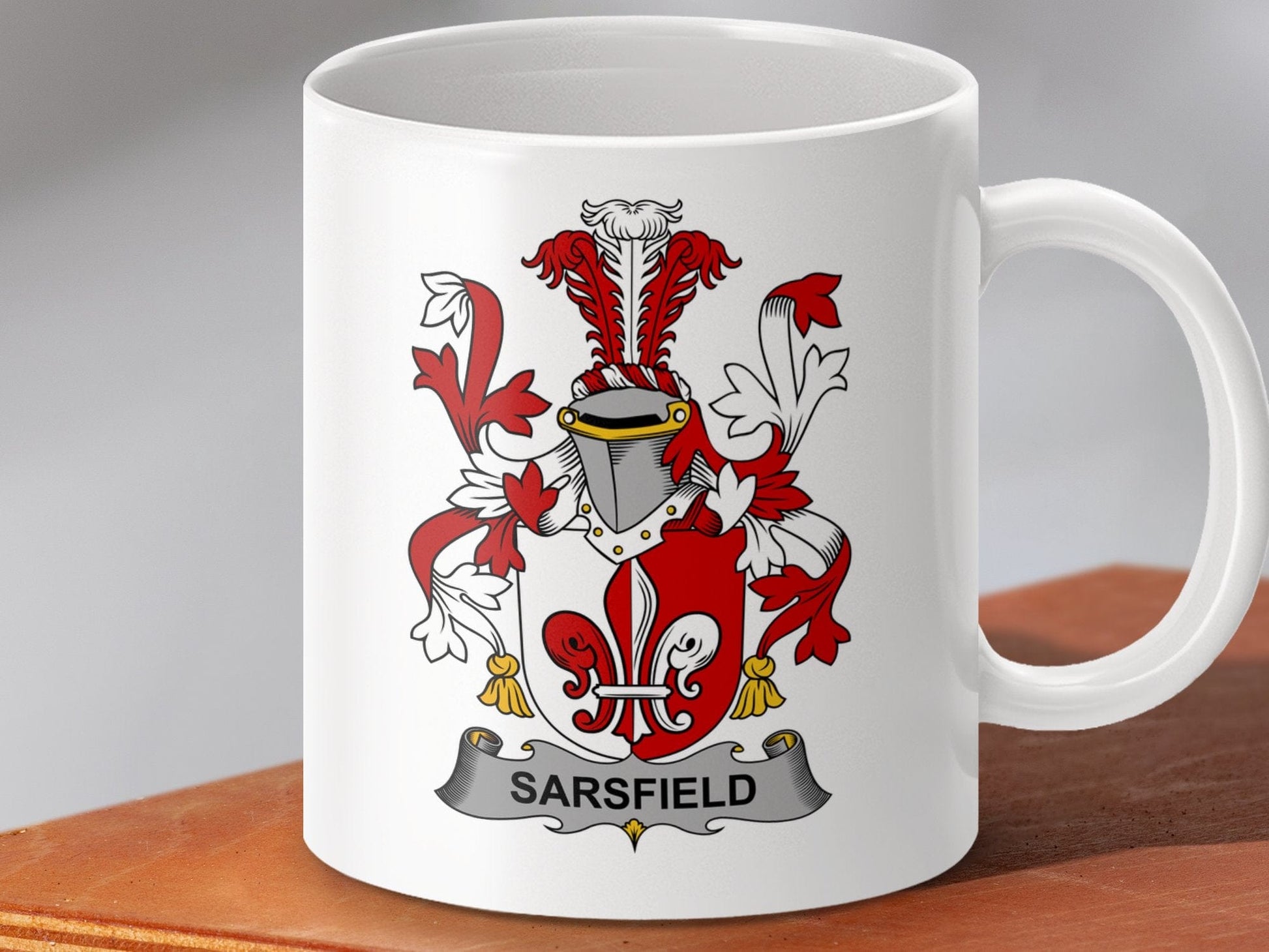 Physical Item 11oz / White Sarsfield Surname Irish Heraldry Ceramic Mug