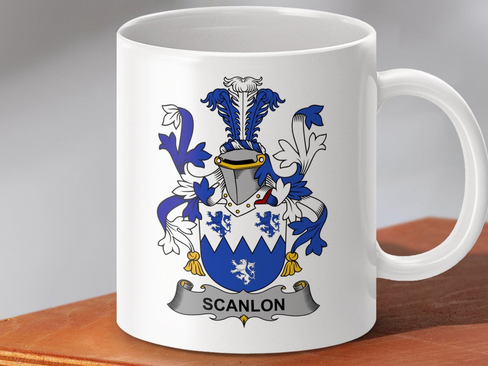 Physical Item 11oz / White Scanlon Surname Irish Heraldry Ceramic Mug