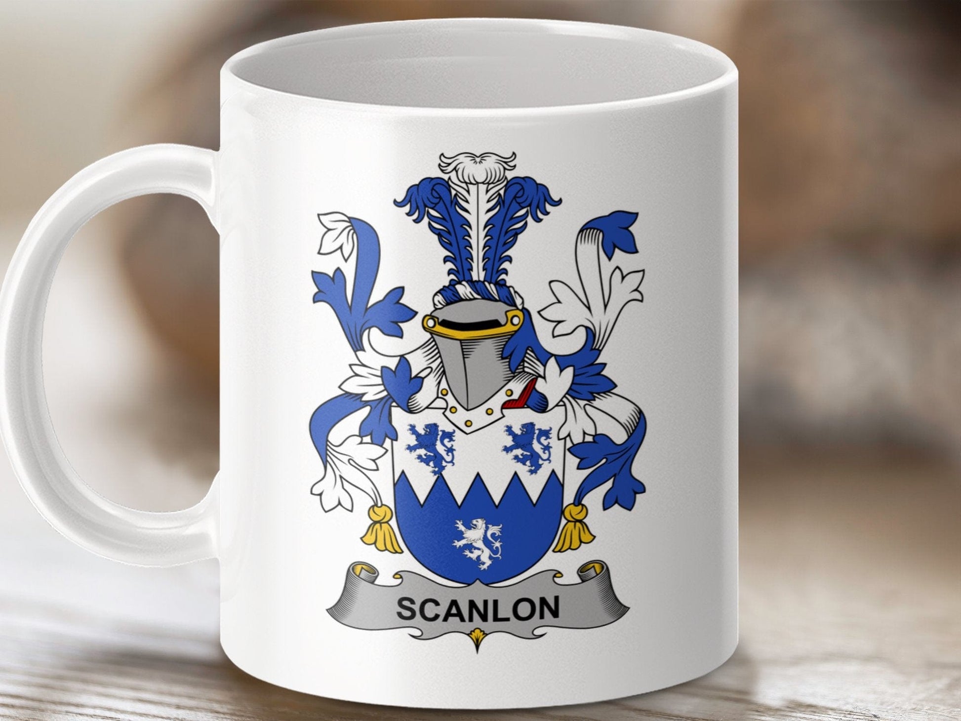 Physical Item 11oz / White Scanlon Surname Irish Heraldry Ceramic Mug