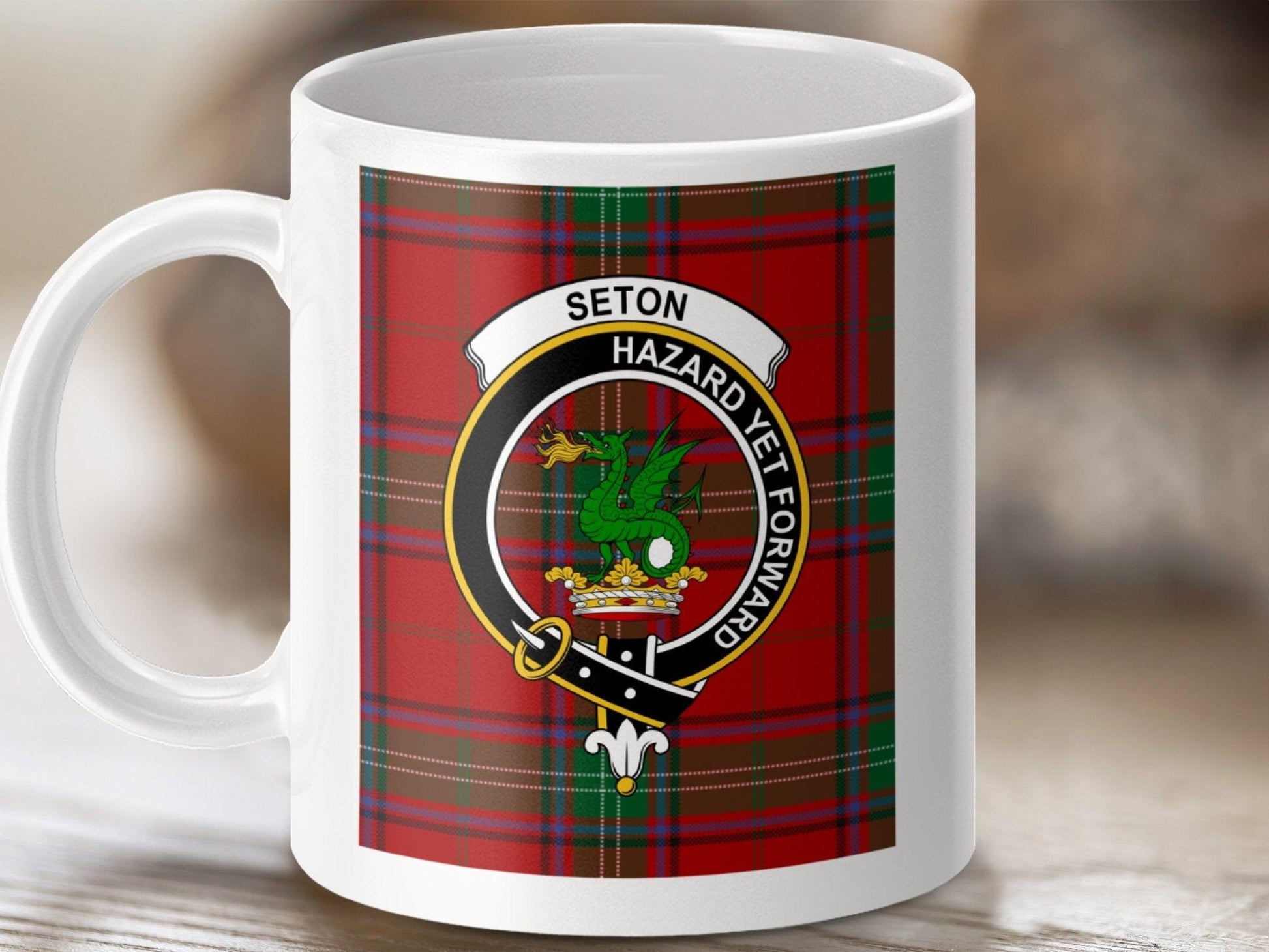 Physical Item 11oz / White Seton Clan Scottish Tartan Crest Mug