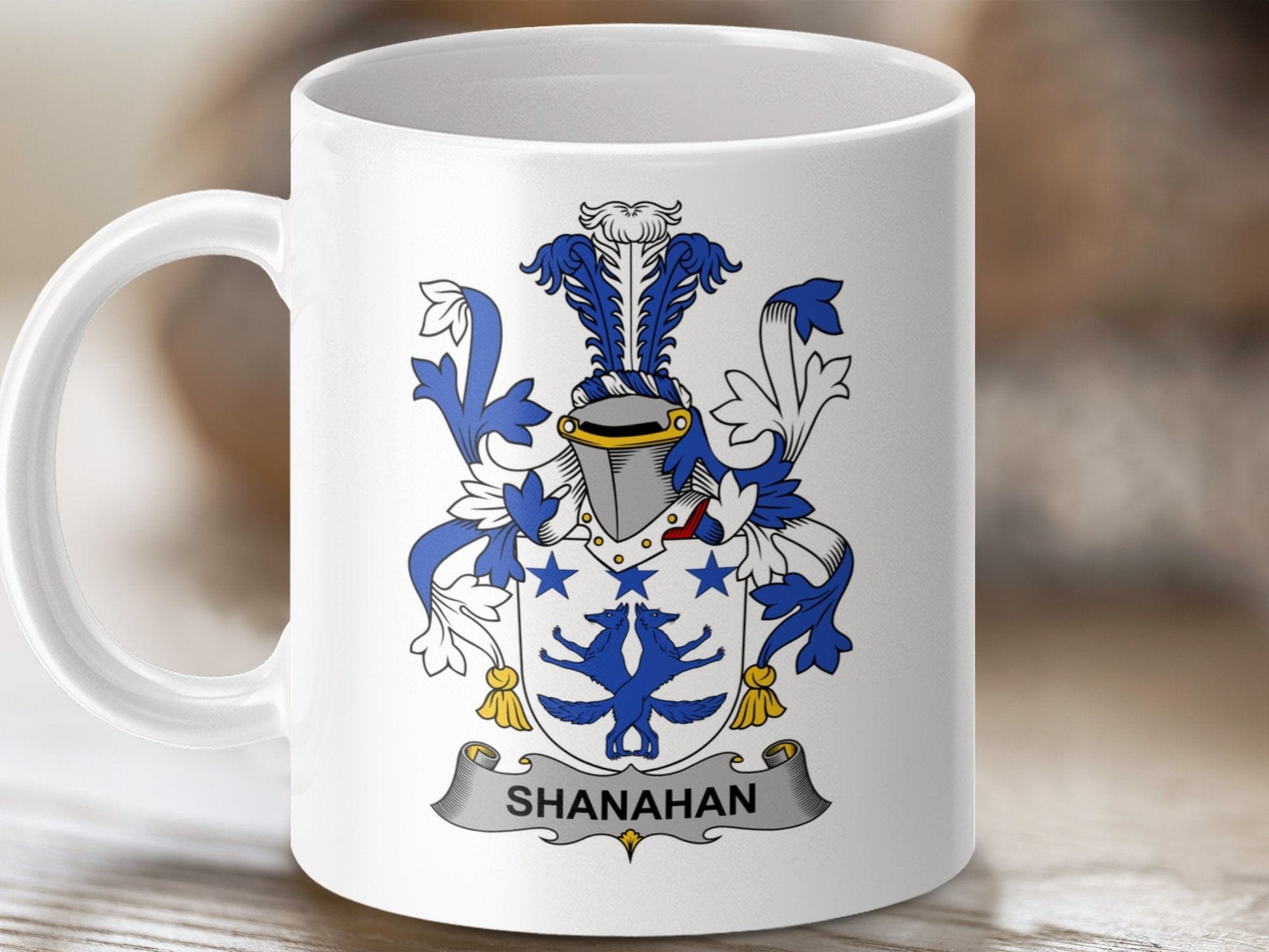 Physical Item 11oz / White Shanahan Surname Irish Heraldry Ceramic Mug