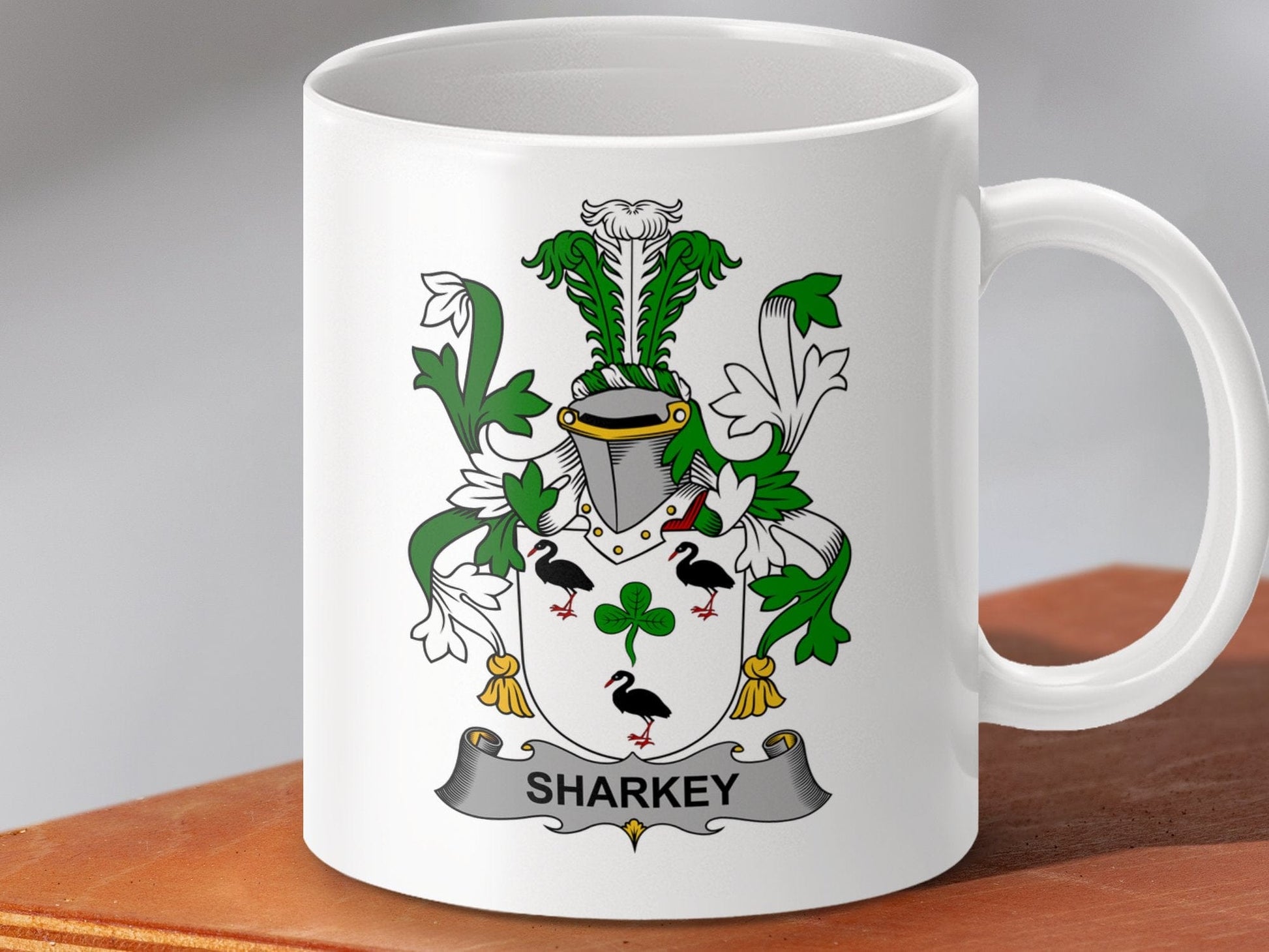 Physical Item 11oz / White Sharkey Surname Irish Heraldry Ceramic Mug