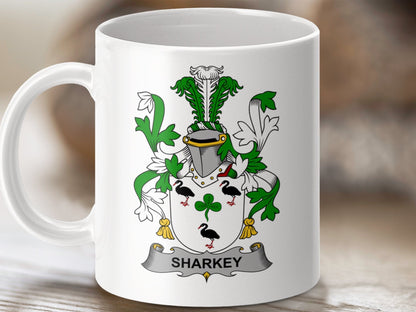 Physical Item 11oz / White Sharkey Surname Irish Heraldry Ceramic Mug