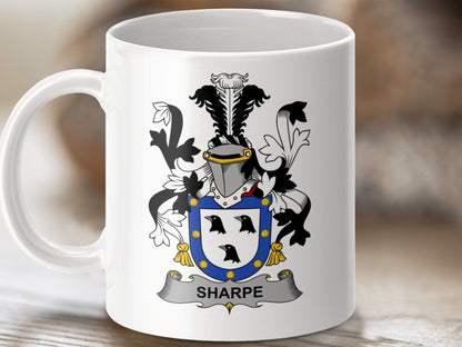 Physical Item 11oz / White Sharpe Surname Irish Heraldry Ceramic Mug