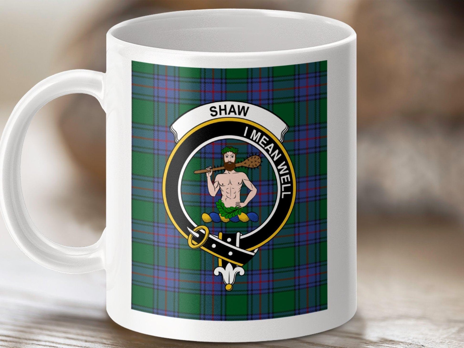 Physical Item 11oz / White Shaw Clan Scottish Tartan Crest Mug