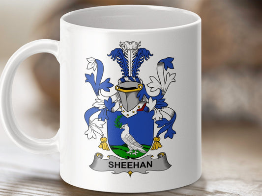 Physical Item 11oz / White Sheehan Surname Irish Heraldry Ceramic Coffee mug