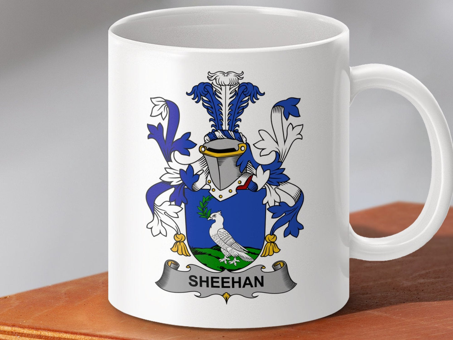 Physical Item 11oz / White Sheehan Surname Irish Heraldry Ceramic Coffee mug