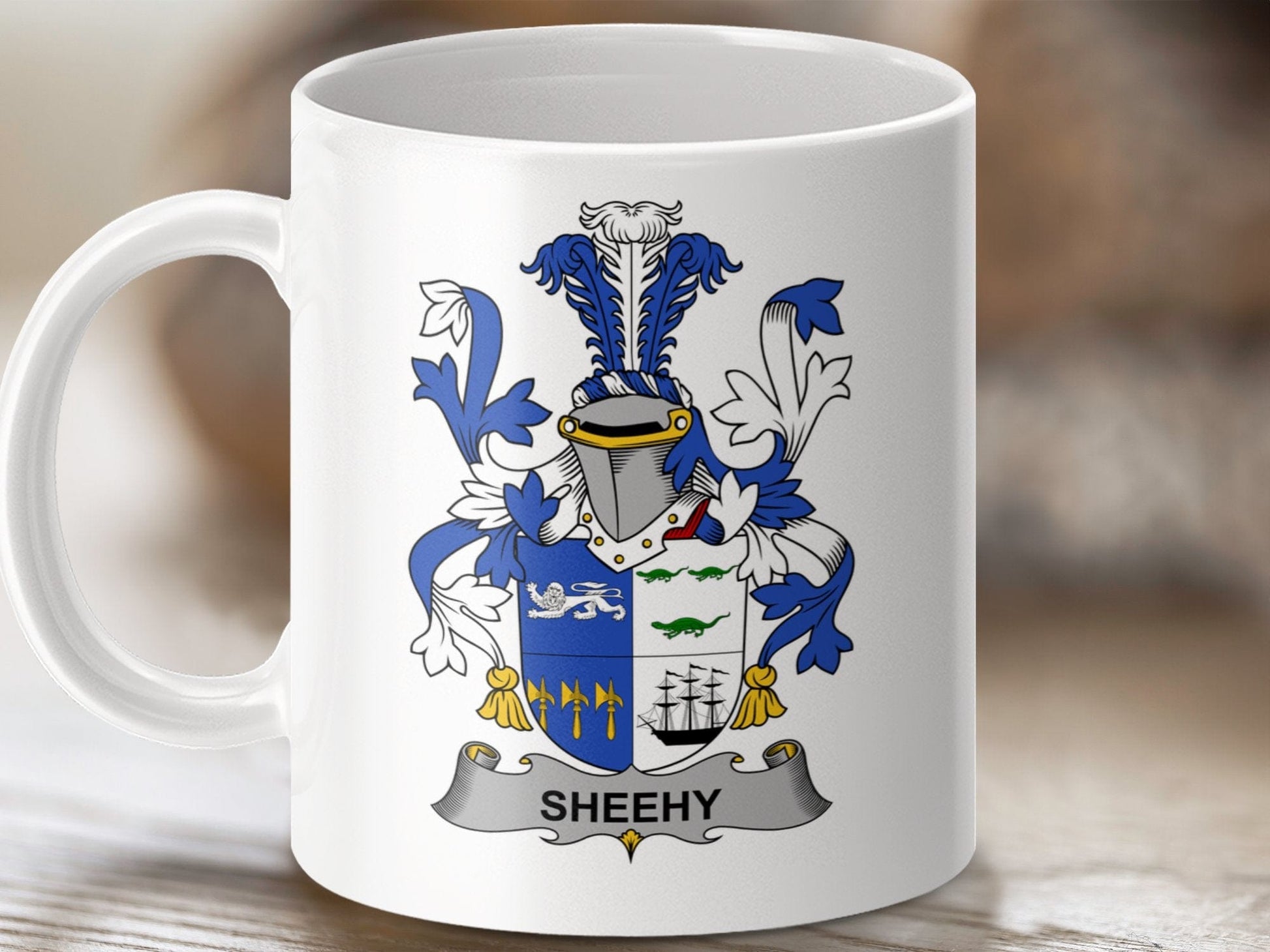 Physical Item 11oz / White Sheehy Surname Irish Heraldry Ceramic Mug