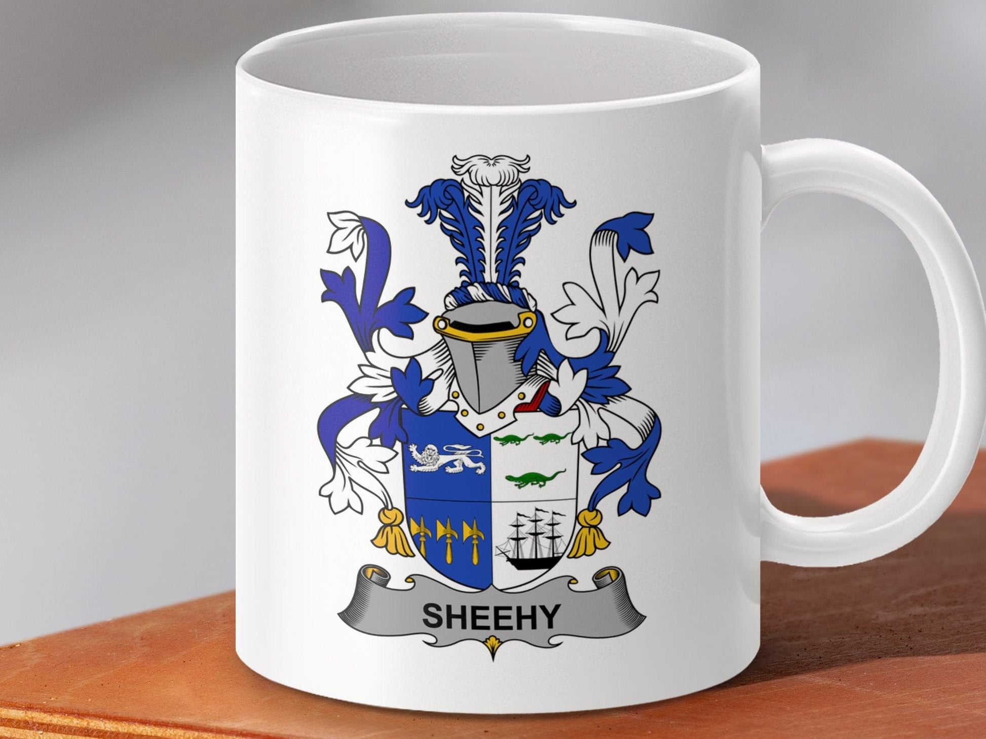 Physical Item 11oz / White Sheehy Surname Irish Heraldry Ceramic Mug