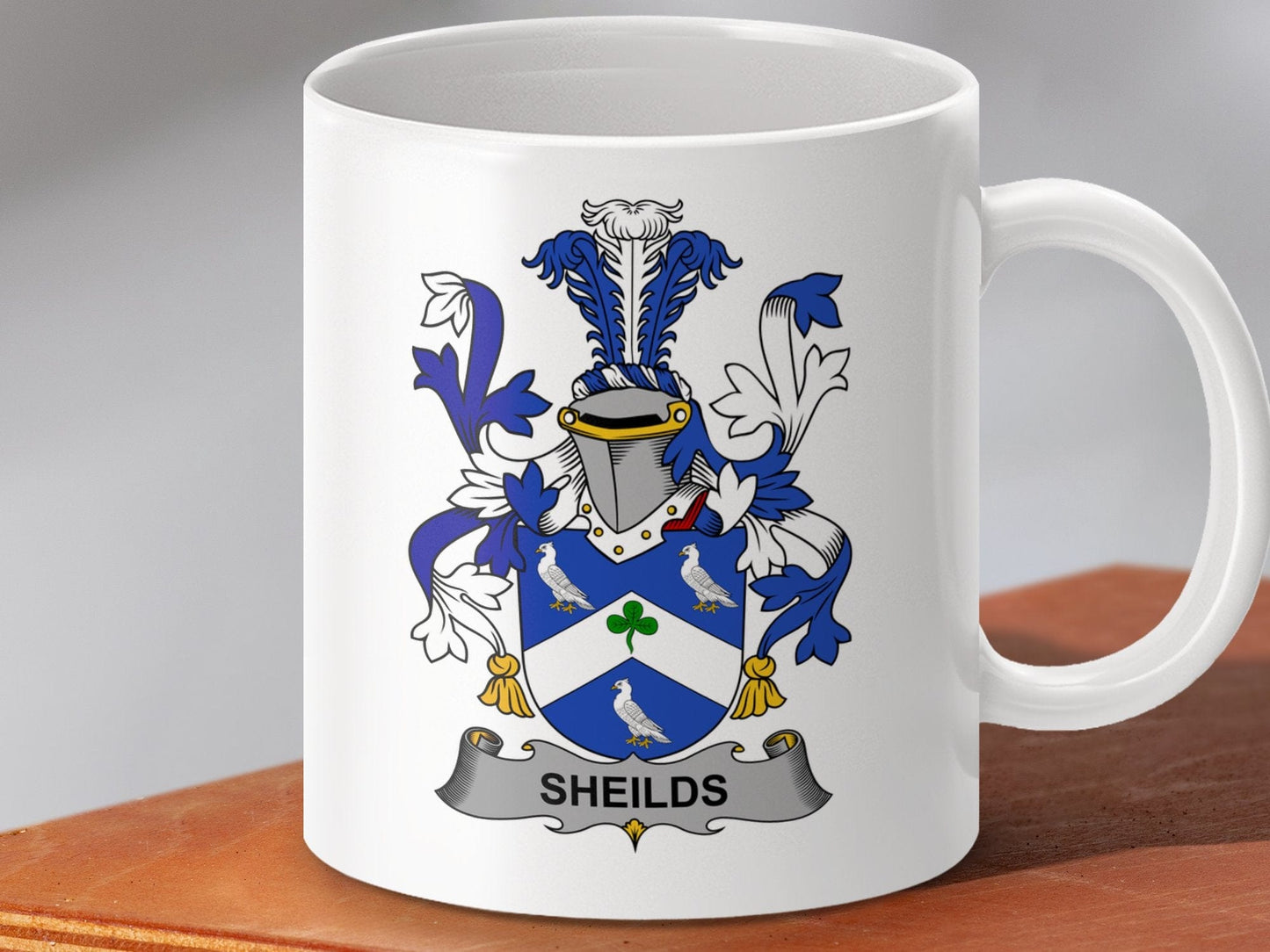 Physical Item 11oz / White Sheilds Surname Irish Heraldry Ceramic Mug