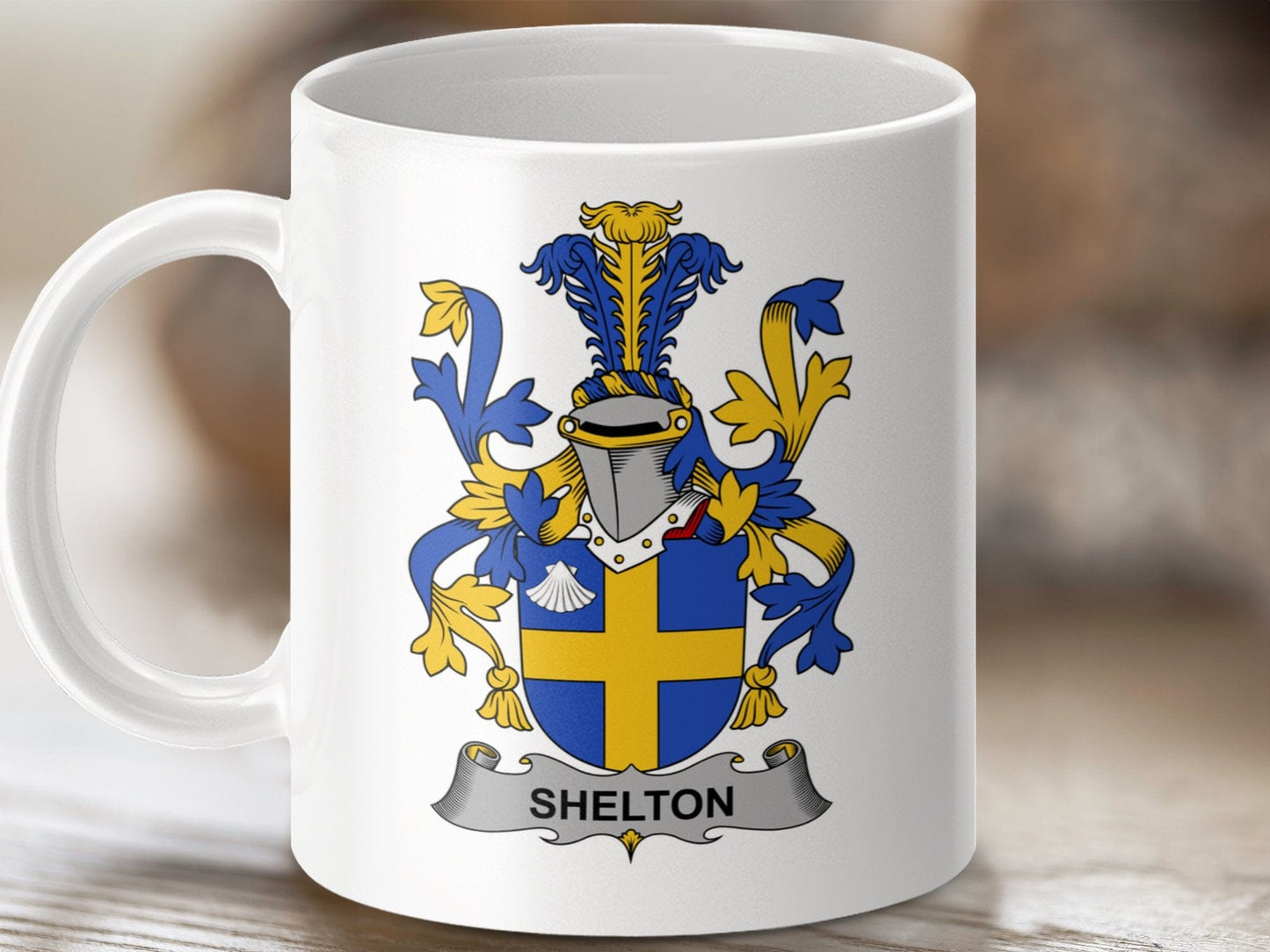 Physical Item 11oz / White Shelton Surname Irish Heraldry Ceramic Mug