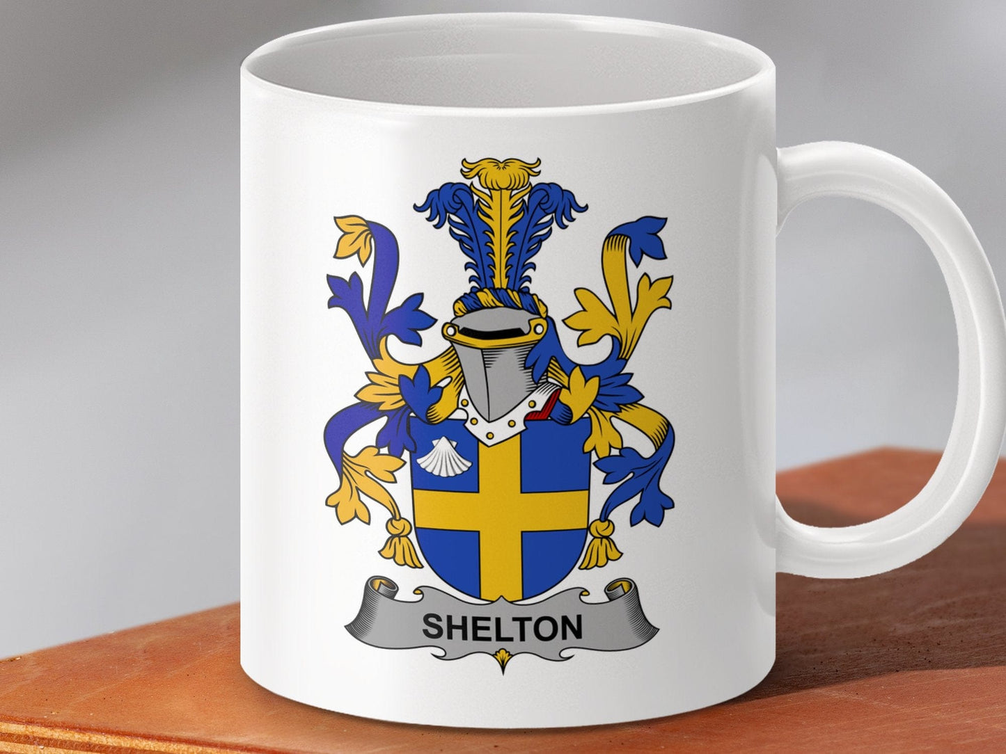 Physical Item 11oz / White Shelton Surname Irish Heraldry Ceramic Mug