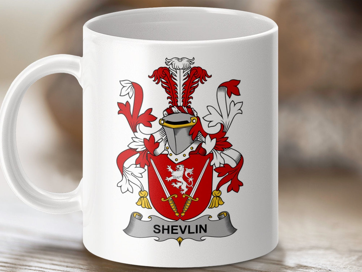 Physical Item 11oz / White Shevlin Surname Irish Heraldry Ceramic Mug