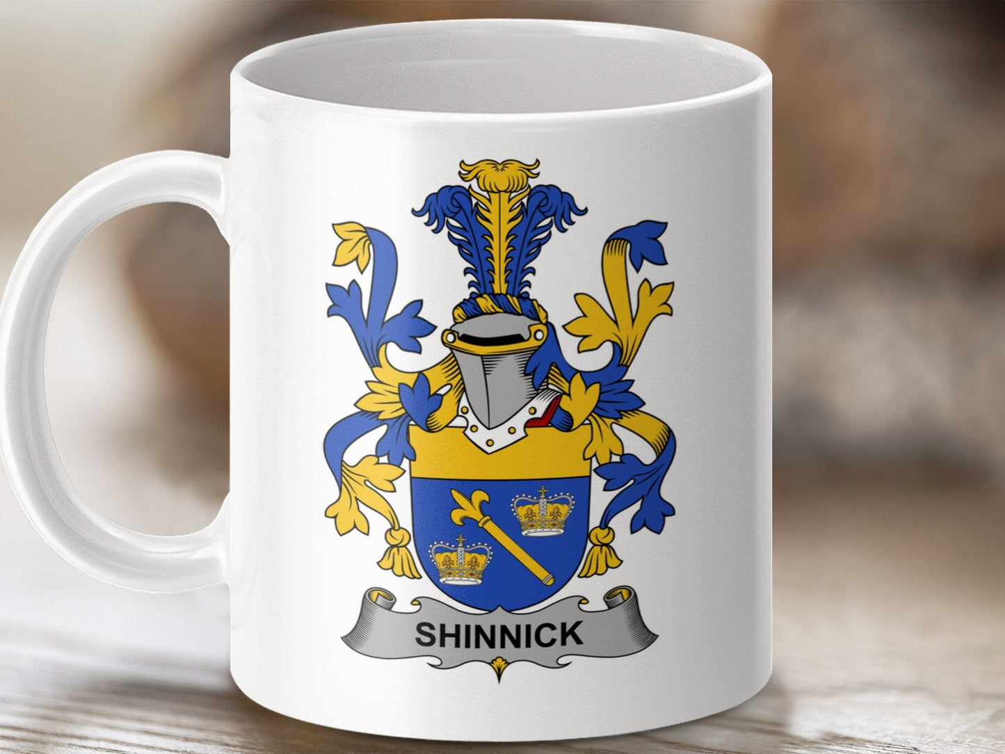 Physical Item 11oz / White Shinnick Surname Irish Heraldry Ceramic Mug