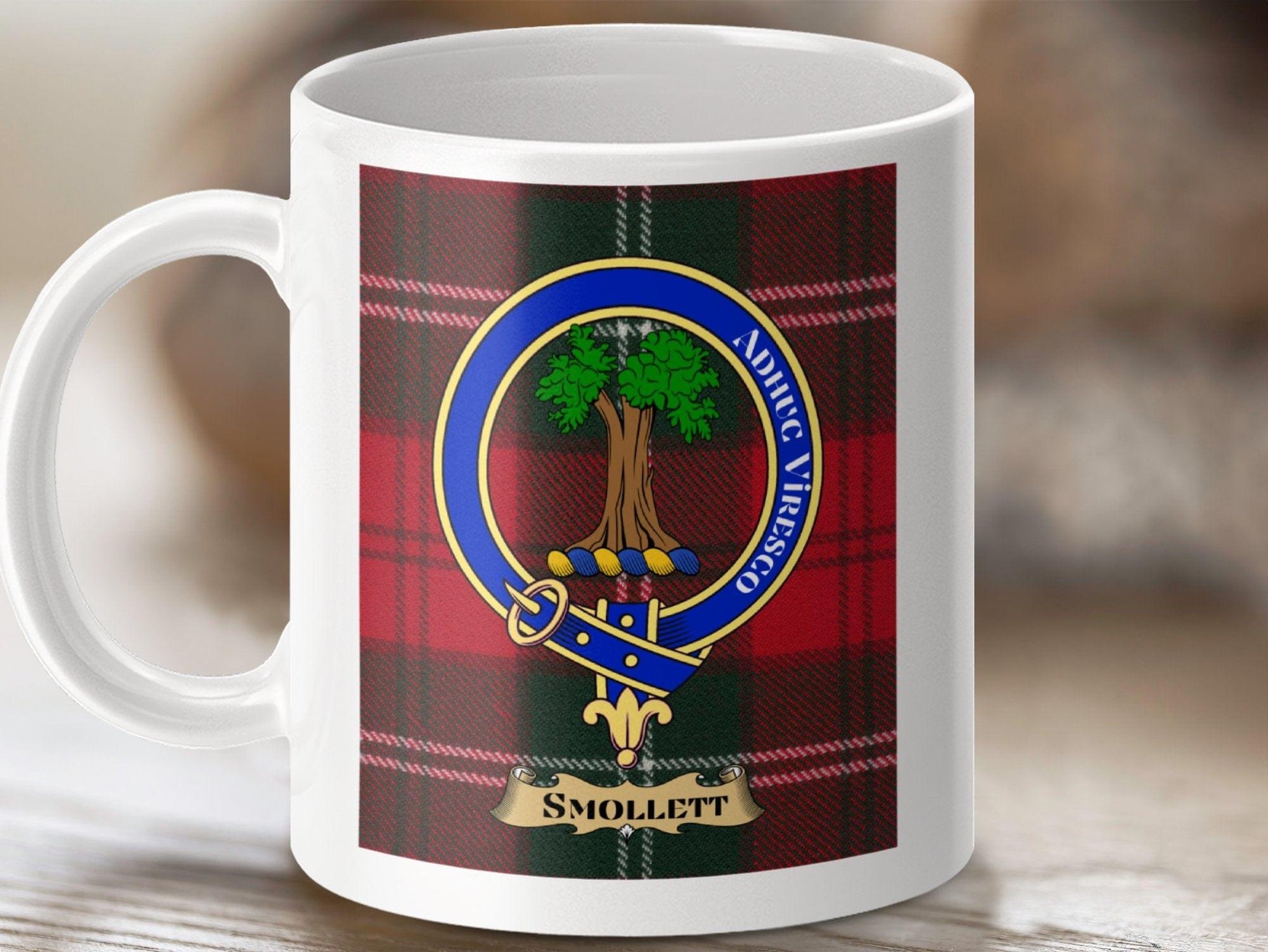 Physical Item 11oz / White Smollett Clan Scottish Tartan Crest Mug
