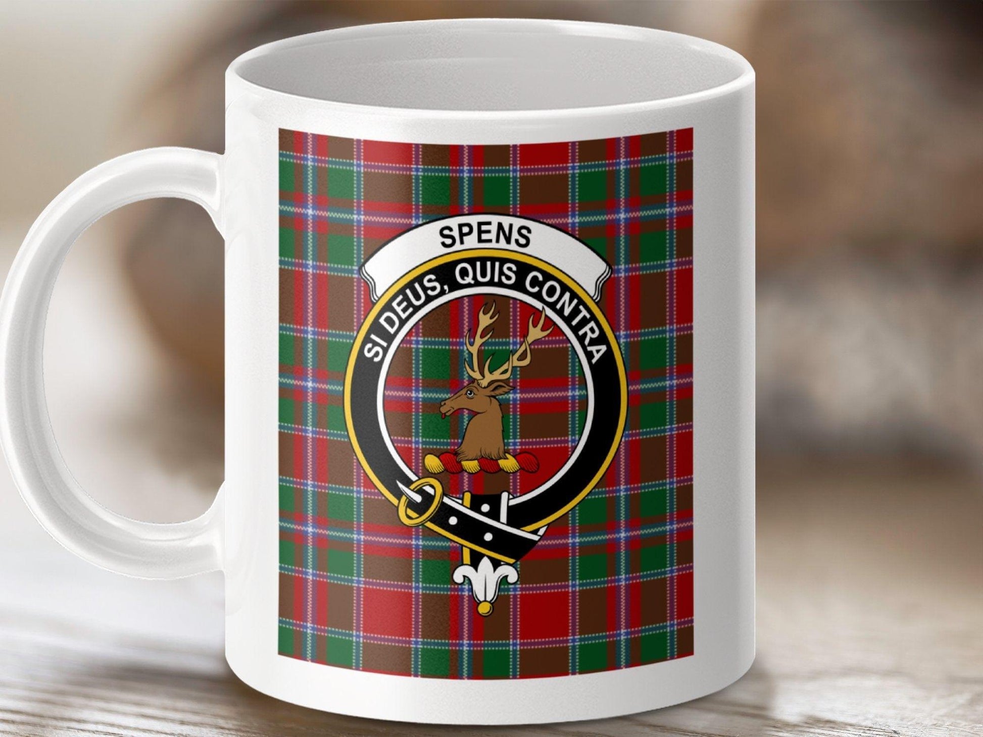 Physical Item 11oz / White Spens Clan Scottish Tartan Crest Mug