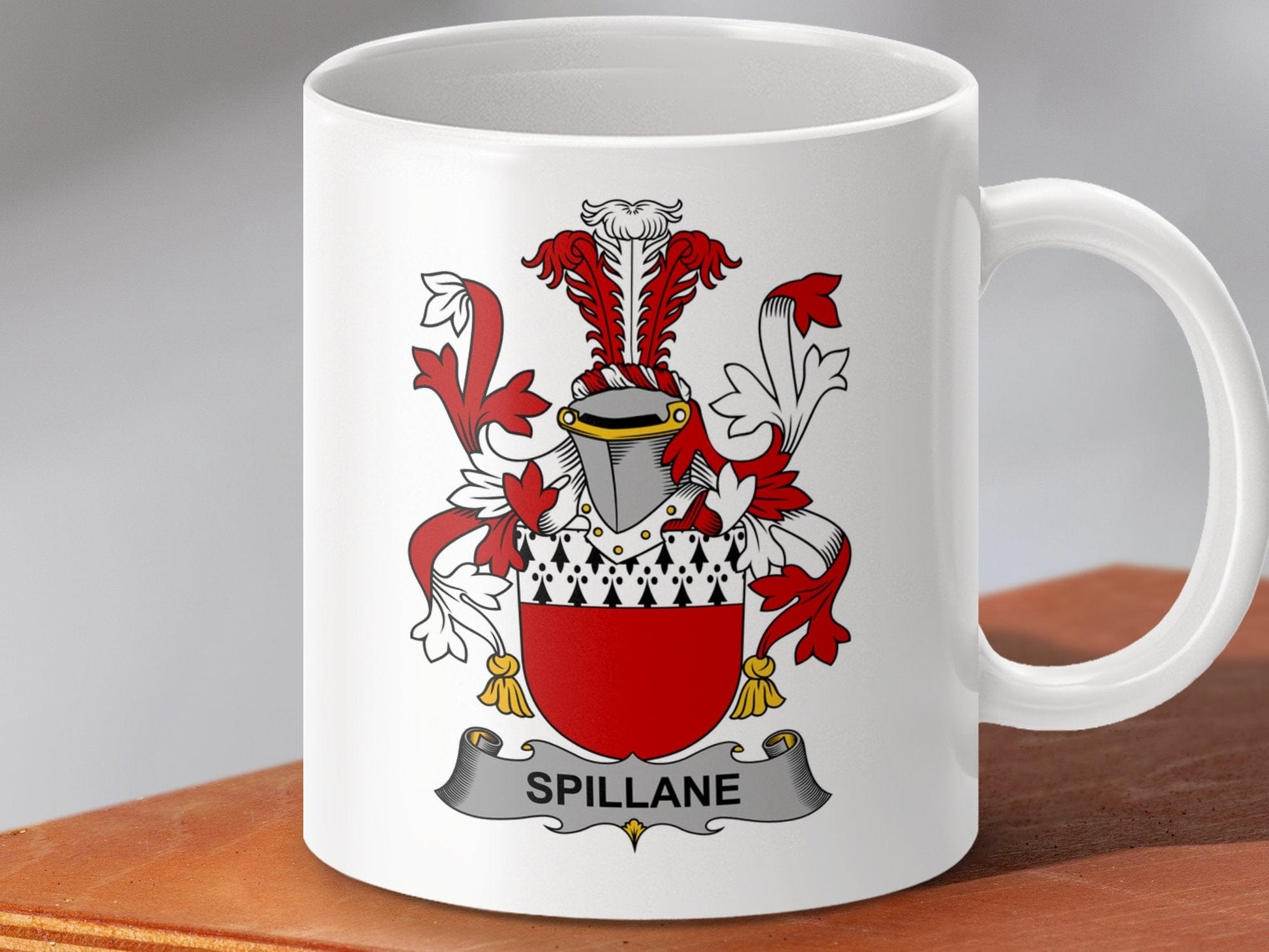 Physical Item 11oz / White Spillane Surname Irish Heraldry Ceramic Mug