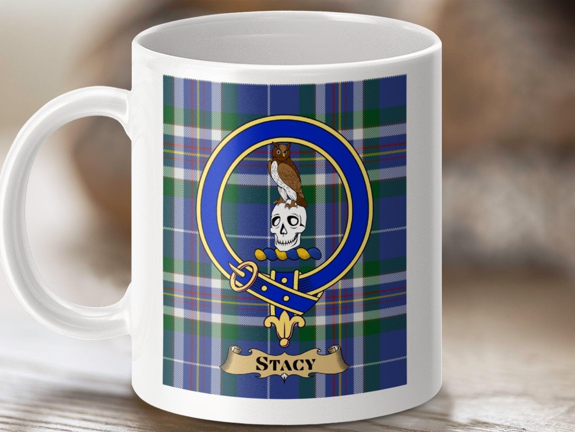 Physical Item 11oz / White Stacy Clan Scottish Tartan Crest Mug