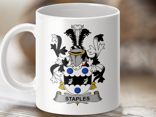 Physical Item 11oz / White Staples Surname Irish Heraldry Ceramic Mug