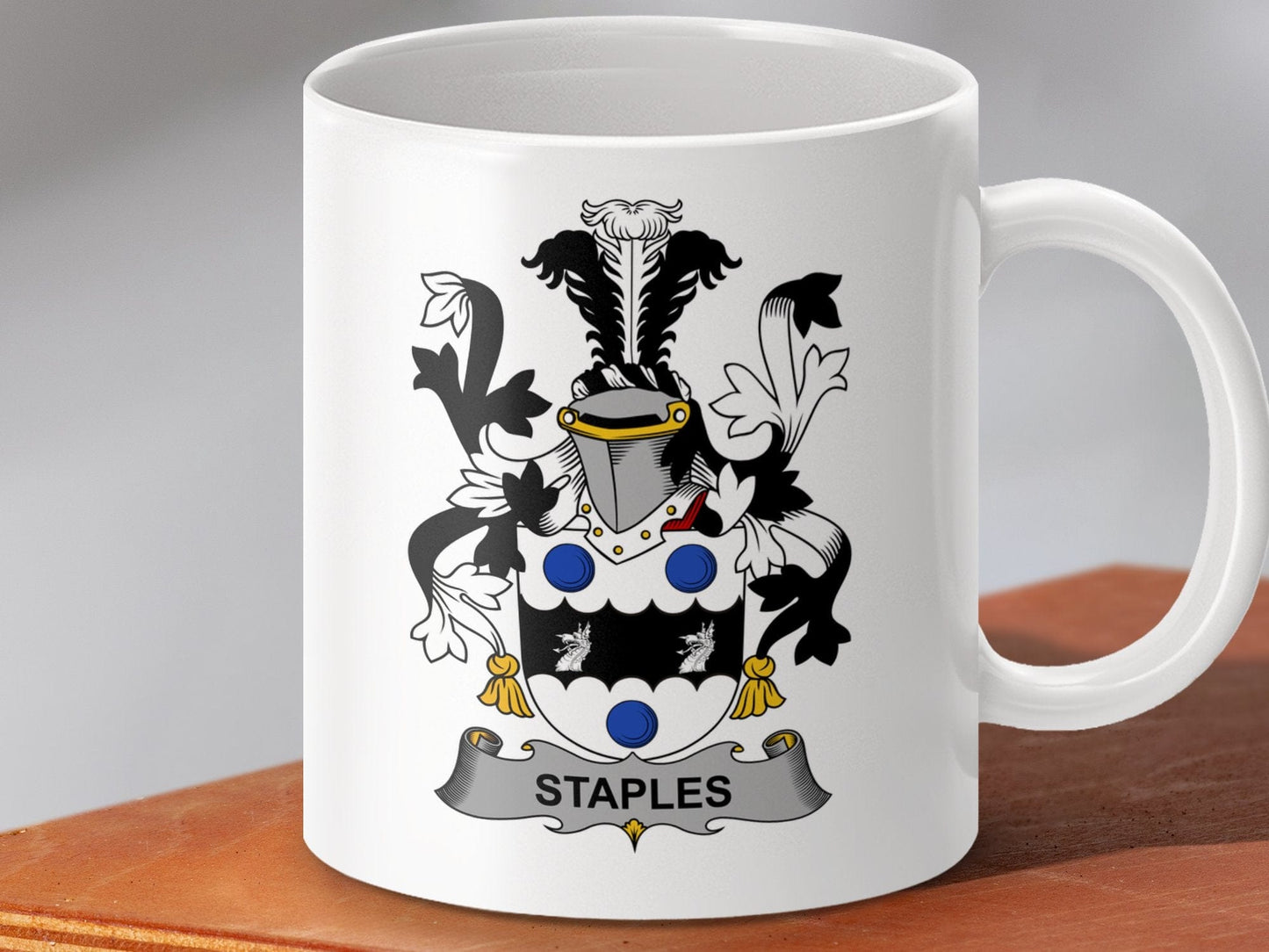 Physical Item 11oz / White Staples Surname Irish Heraldry Ceramic Mug