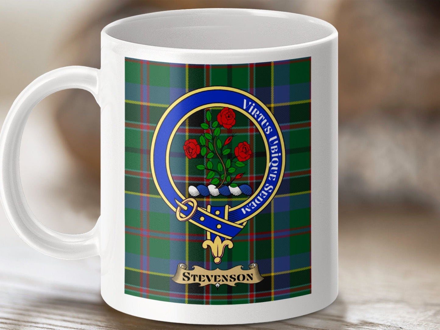 Physical Item 11oz / White Stevenson Clan Scottish Tartan Crest Mug