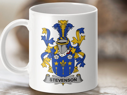 Physical Item 11oz / White Stevenson Surname Irish Heraldry Ceramic Mug