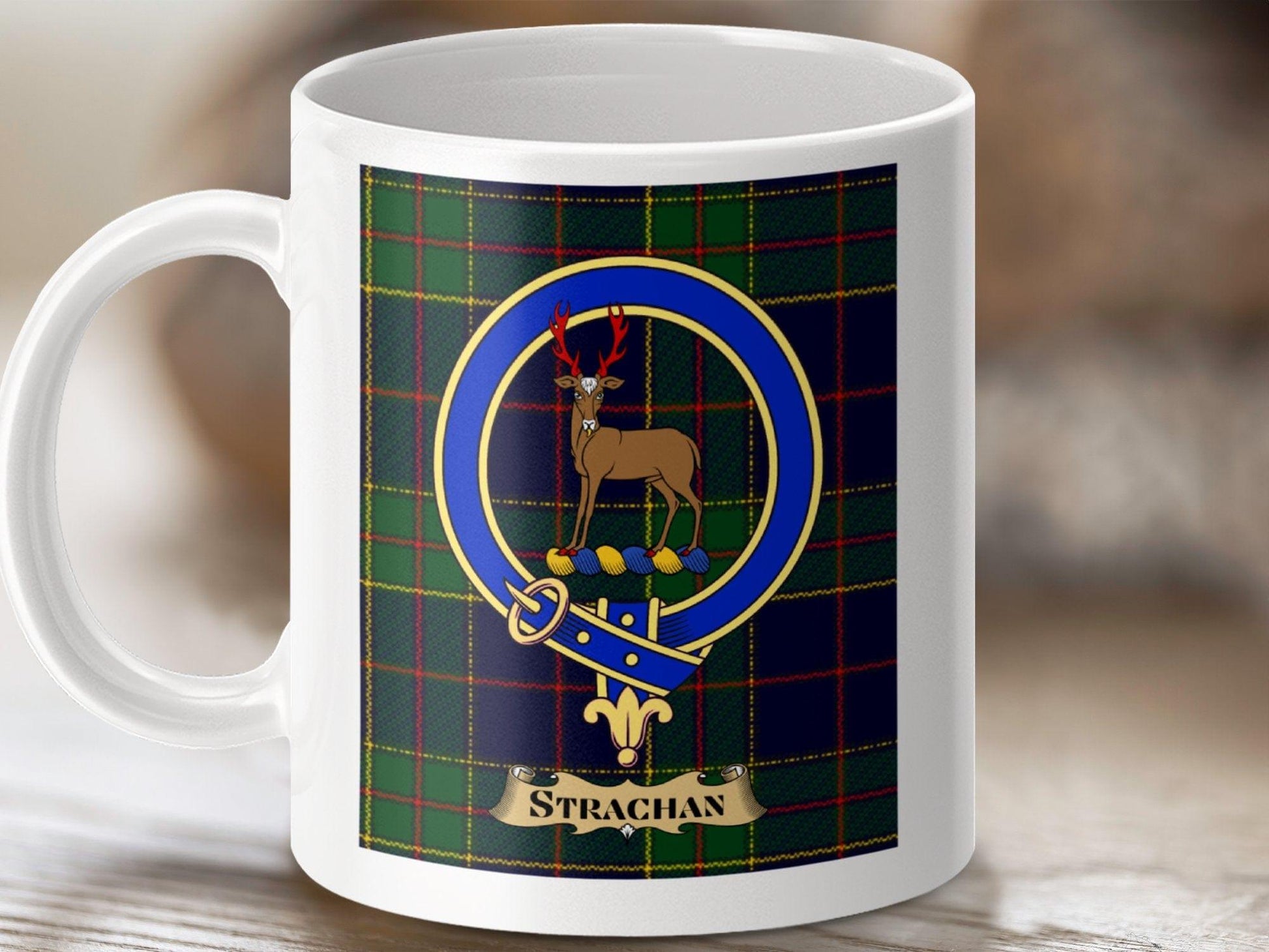 Physical Item 11oz / White Strachan Clan Scottish Tartan Crest Mug