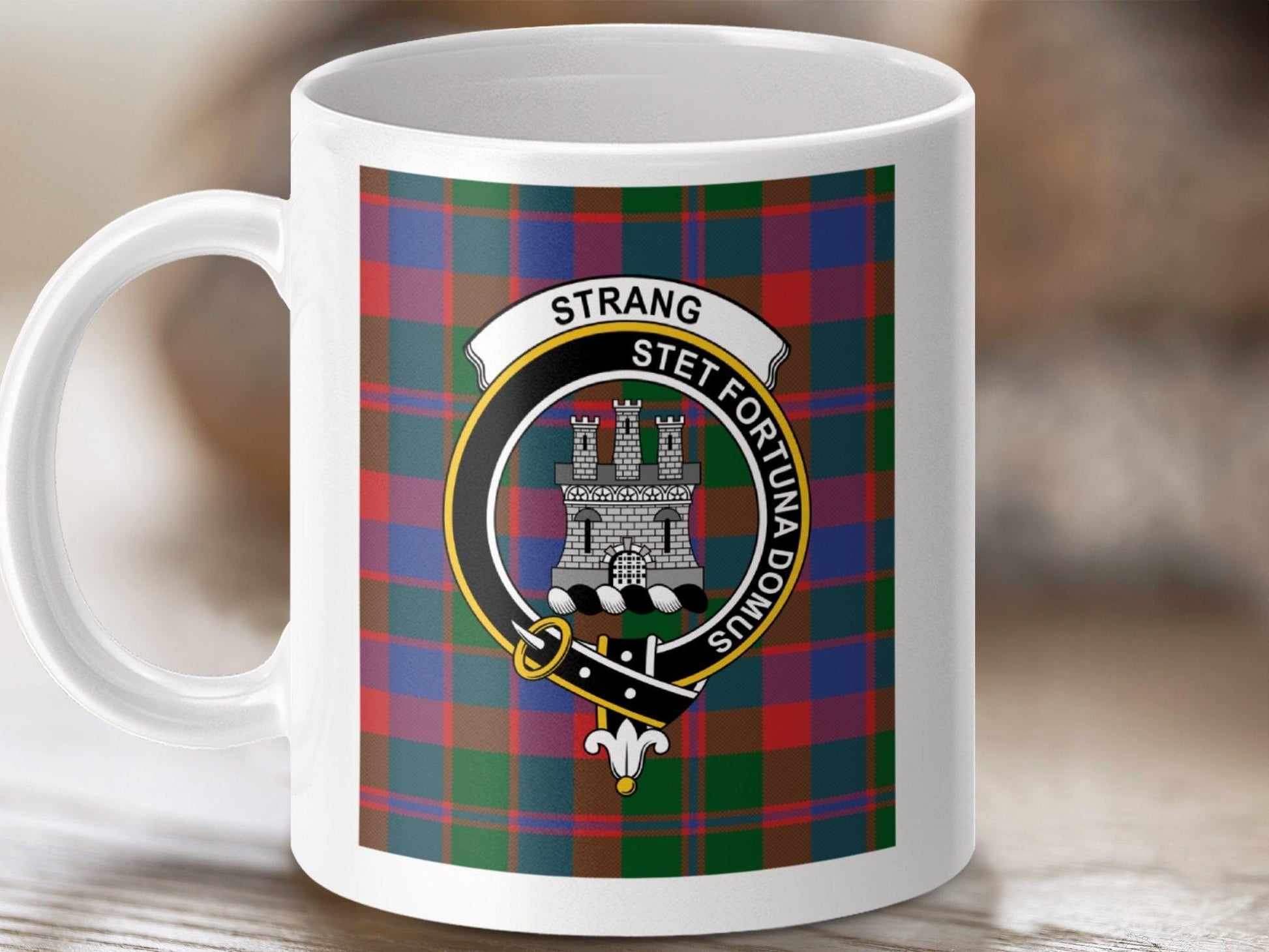Physical Item 11oz / White Strang Clan Scottish Tartan Crest Mug