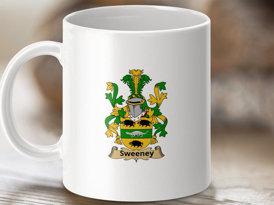 Physical Item 11oz / White Sweeney Surname Irish Heraldry Ceramic Mug