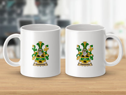 Physical Item 11oz / White Sweeney Surname Irish Heraldry Ceramic Mug