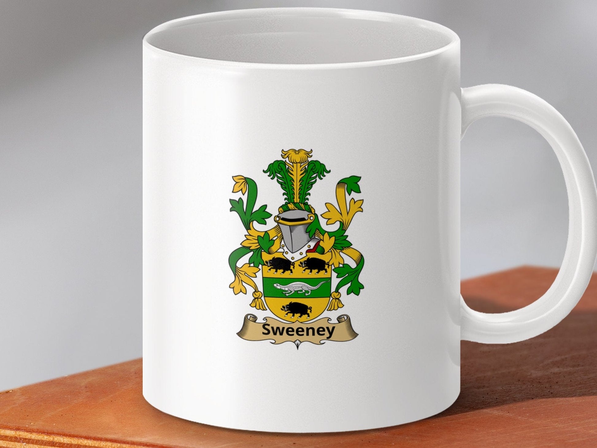 Physical Item 11oz / White Sweeney Surname Irish Heraldry Ceramic Mug