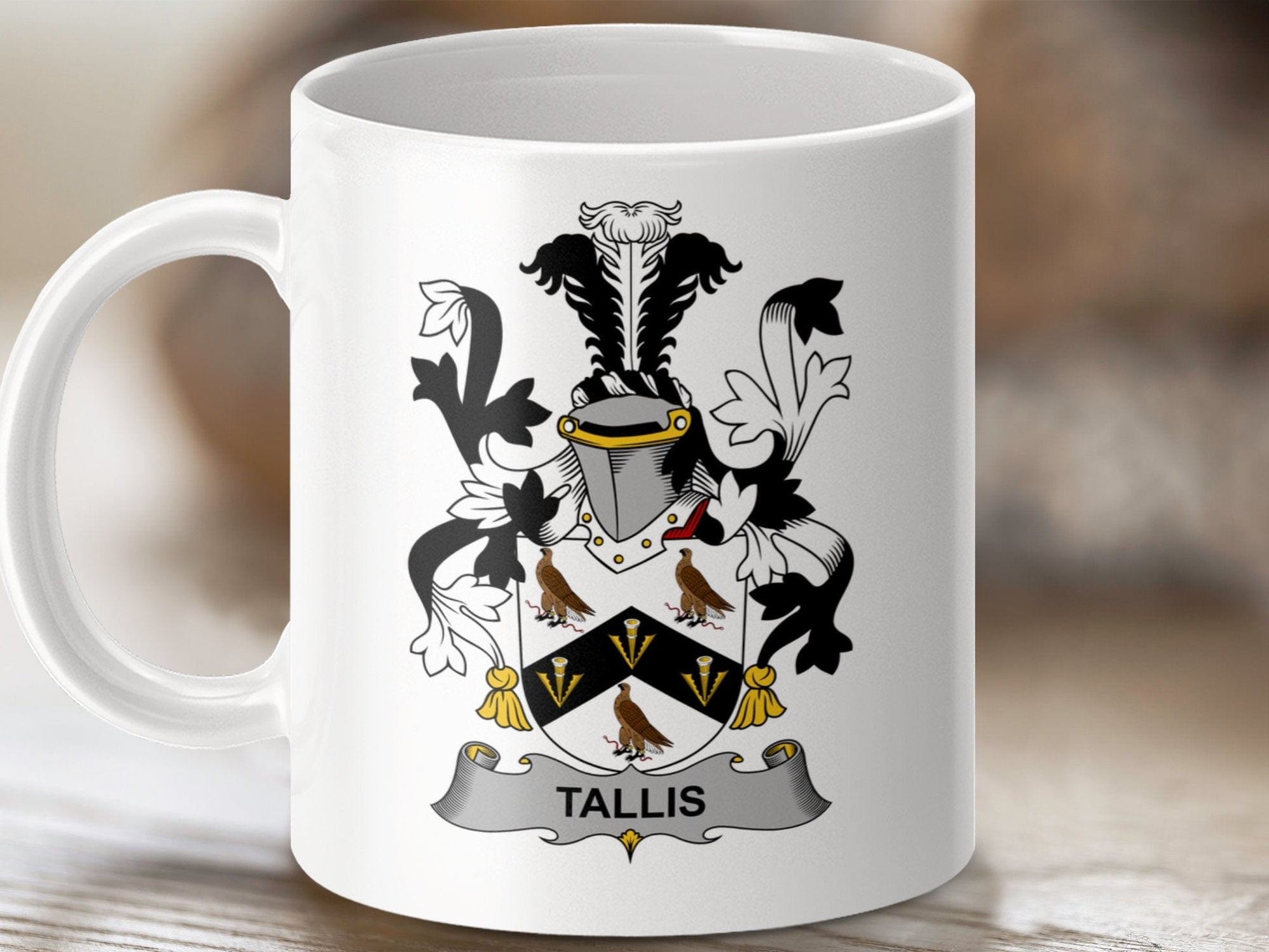 Physical Item 11oz / White Tallis Surname Irish Heraldry Ceramic Mug