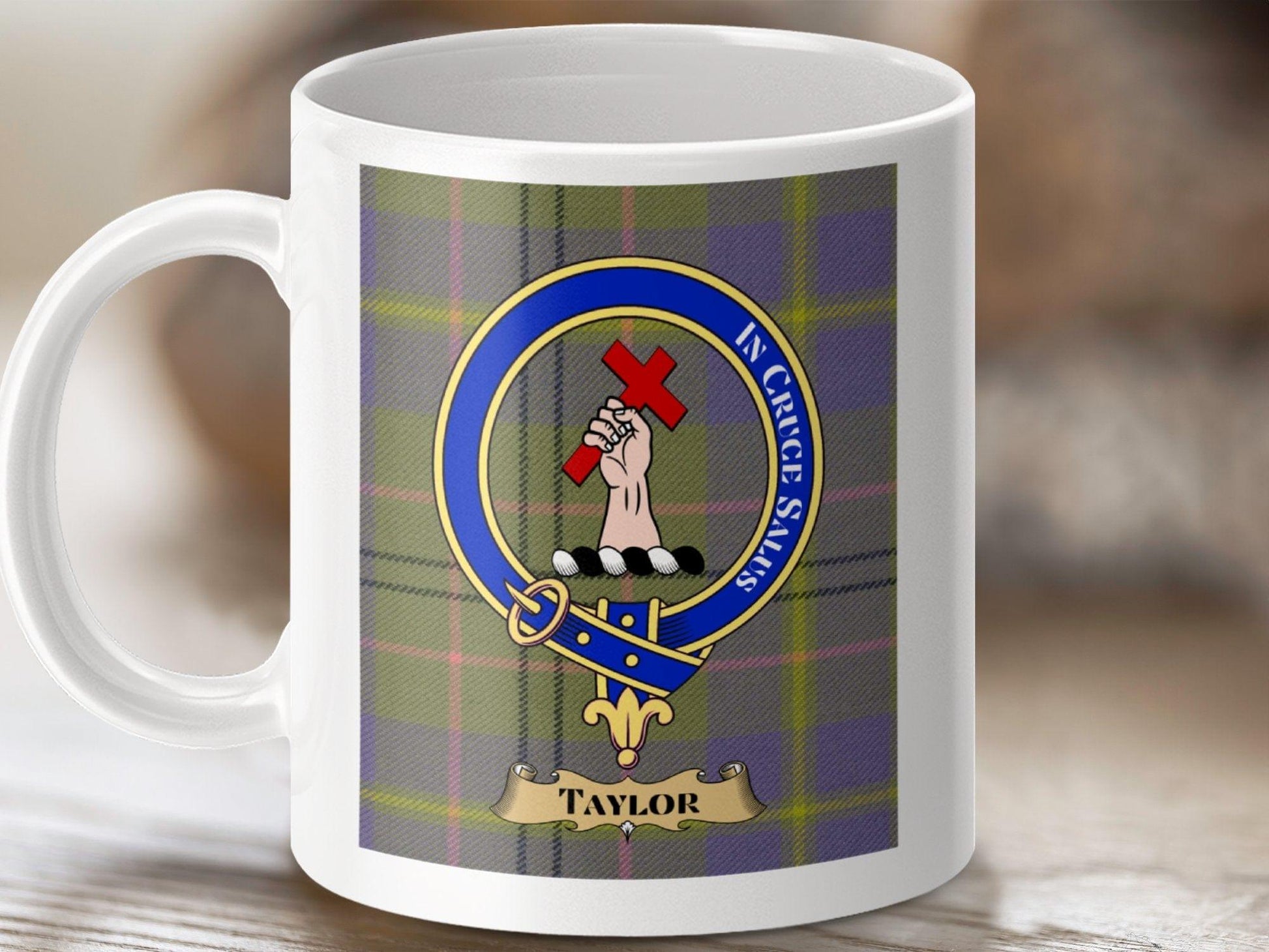 Physical Item 11oz / White Taylor Clan Scottish Tartan Crest Mug