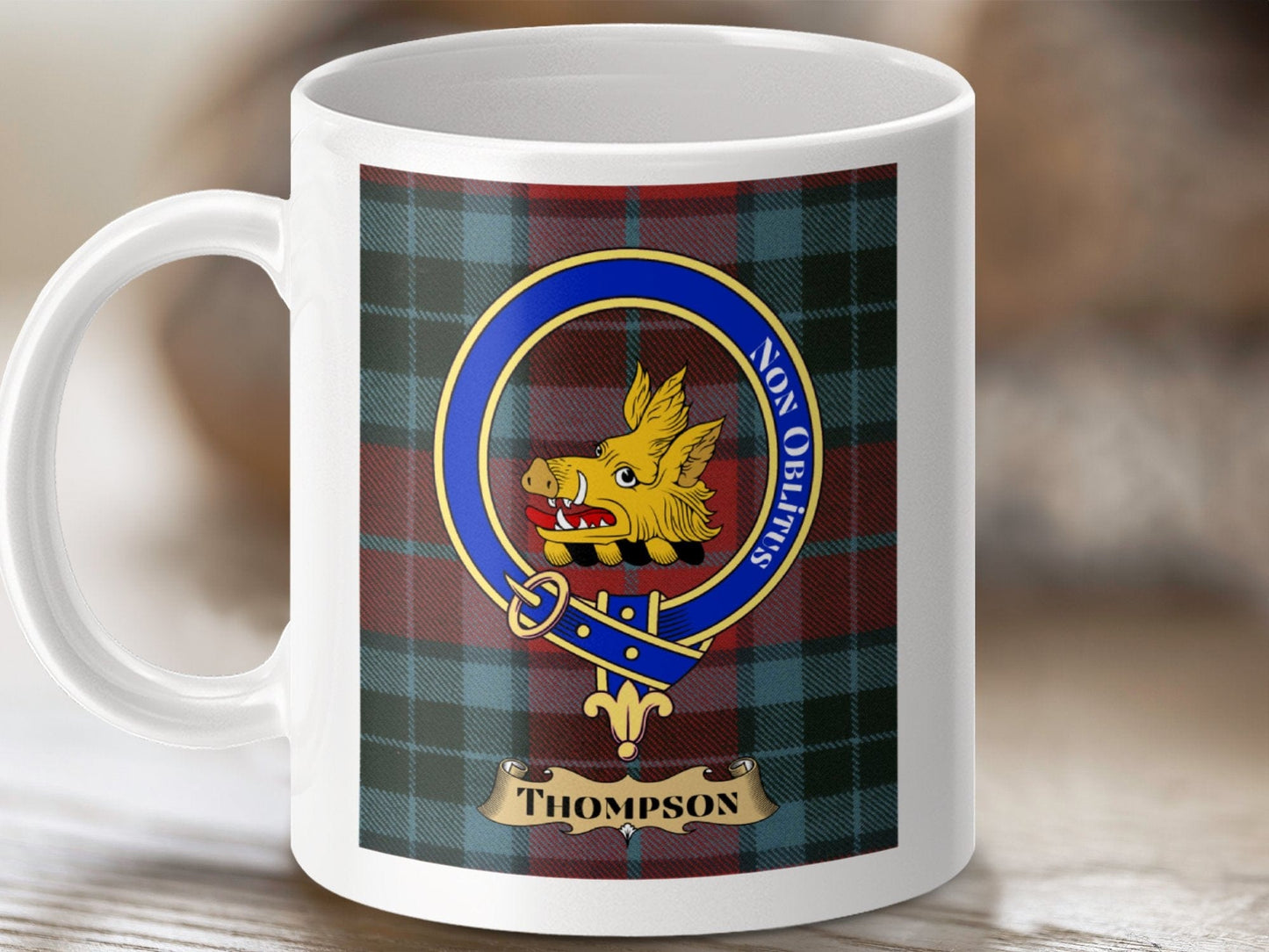 Physical Item 11oz / White Thompson Clan Scottish Tartan Crest Mug