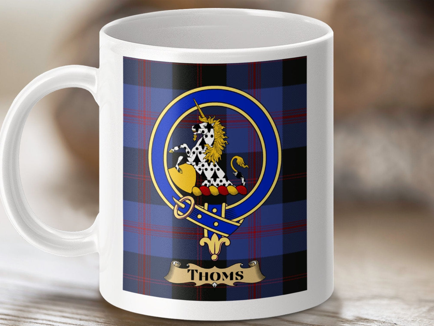 Physical Item 11oz / White Thoms Clan Scottish Tartan Crest Mug