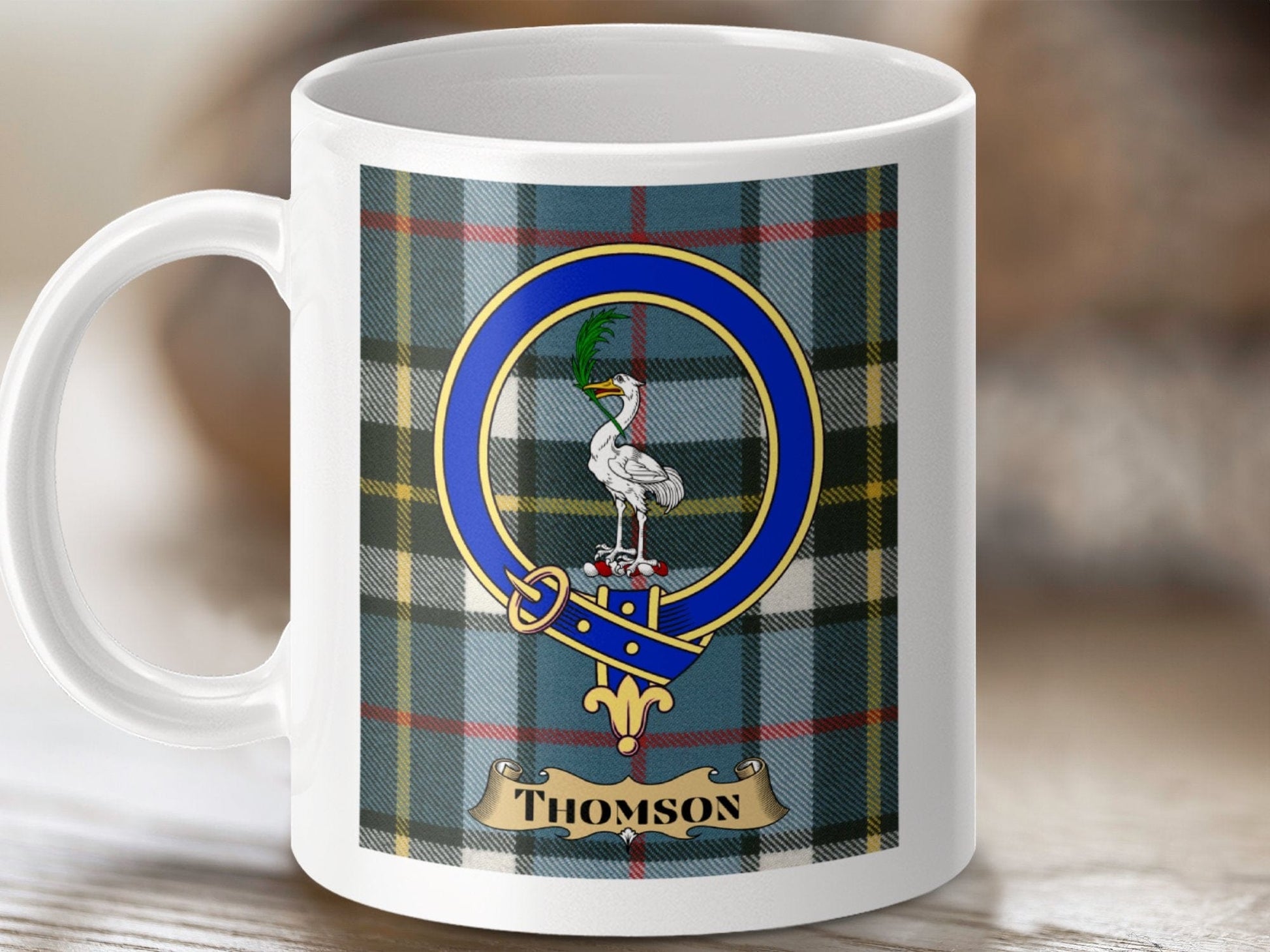 Physical Item 11oz / White Thomson Clan Scottish Tartan Crest Mug