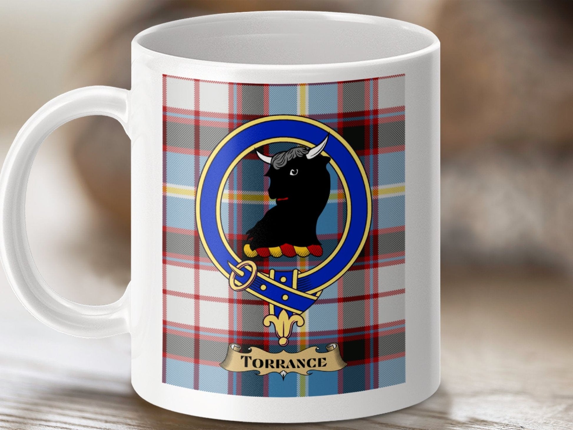 Physical Item 11oz / White Torrance Clan Scottish Tartan Crest Mug