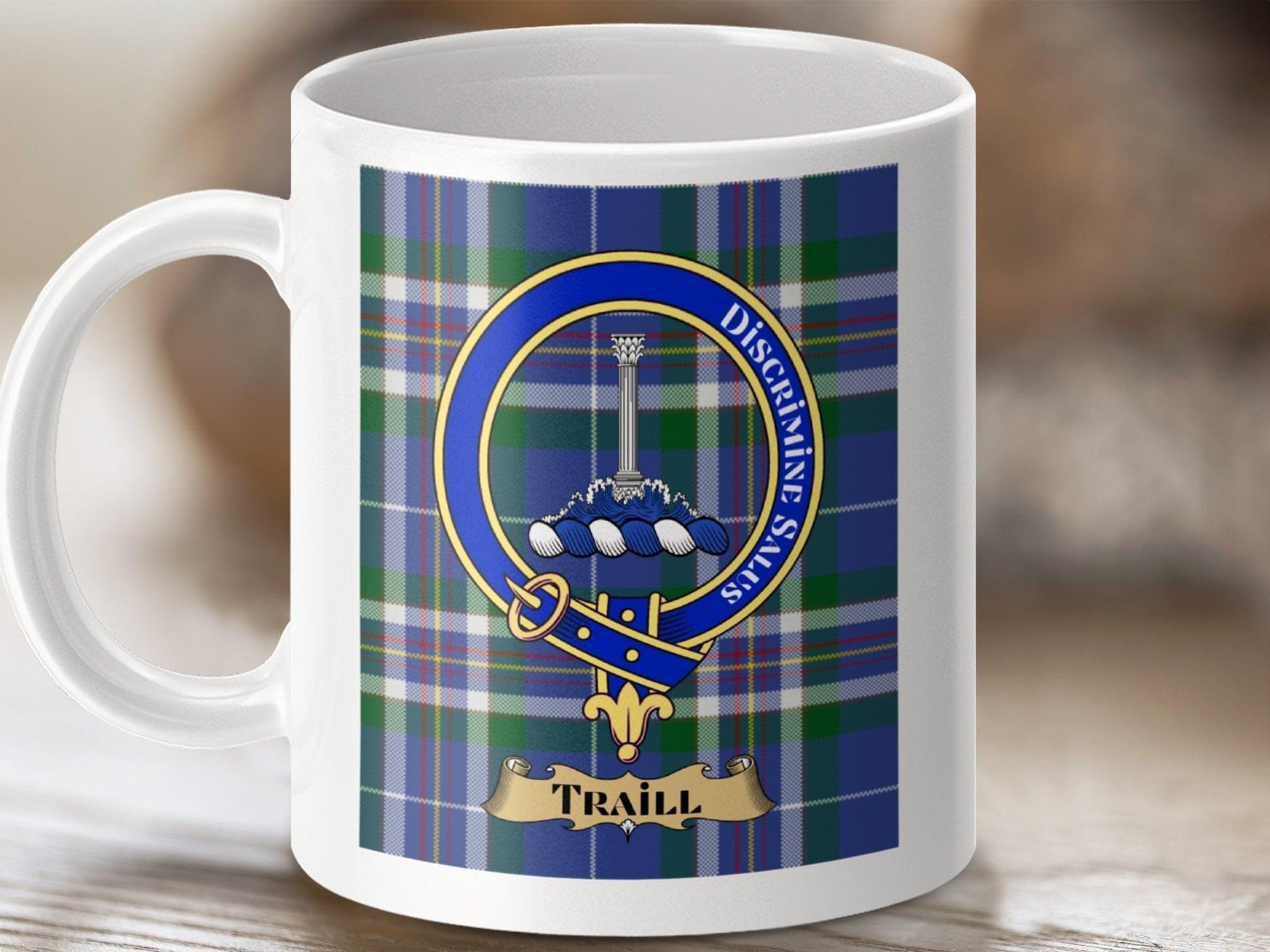 Physical Item 11oz / White Traill Clan Scottish Tartan Crest Mug
